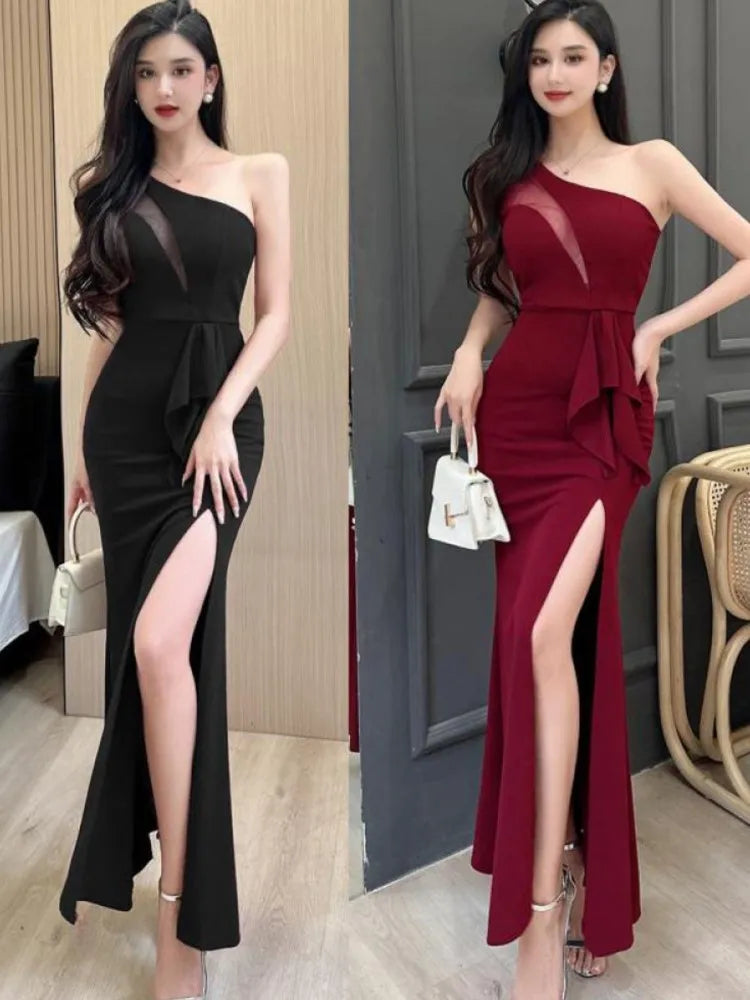 Hnewly Women Sexy Backless Slim Split Long Dress Summer Fashion Elegant Sleeveless Off Shoulder Elegant Club Party Mesh Dresses