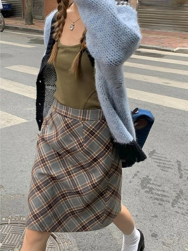 Hnewly Grey Plaid Skirts Women Autumn High Waist French Temper College A-line Skirt Faddish Simple Retro Designer Knee-length Faldas