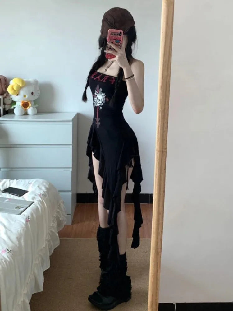 Hnewly Elegant Irregular Black Strapless Dress for Women Summer New Slim Fit Dresses Y2k High Waist Ruched Vestidos De Mujer