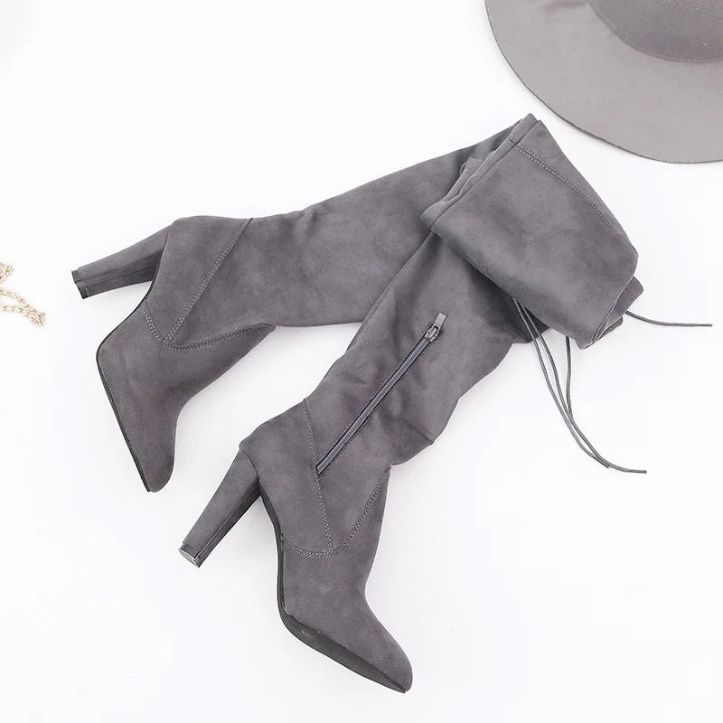 Hnewly Women Spring Autumn New Fashion Side Zipper Long Boots Were Thin High-heeled Thick Suede Over-the-knee Ladies Black Gray Shoes