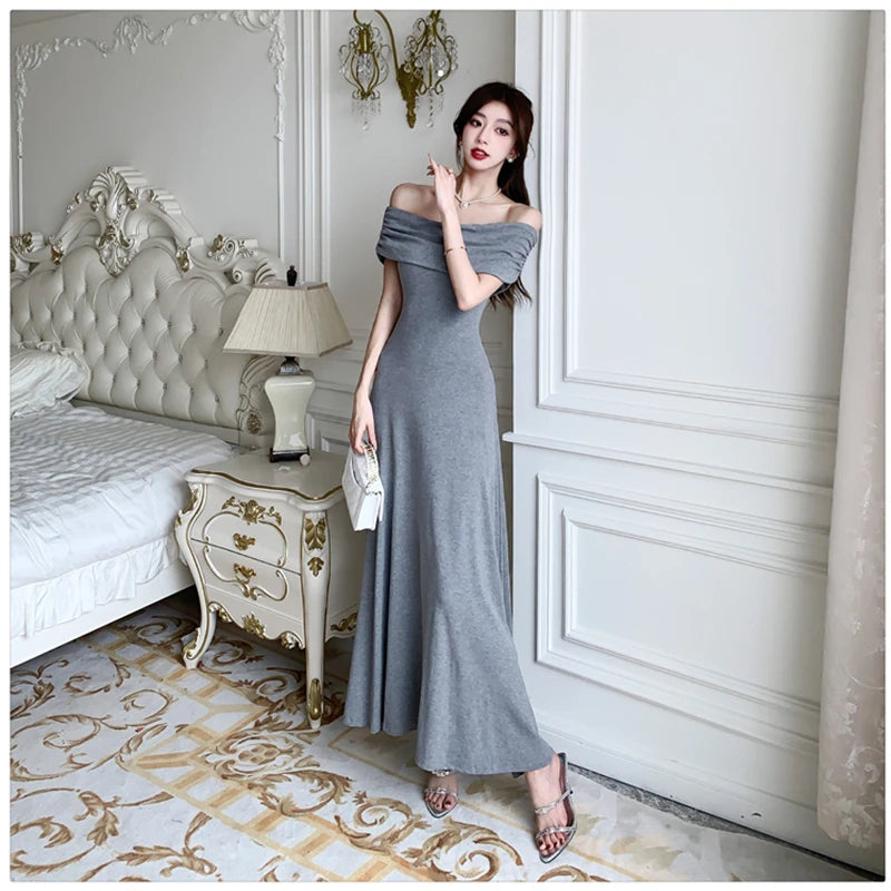 Hnewly New Elegant Solid Strapless Long Dress for Women Summer 2024 Sexy Slim High Waisted Off Shoulder Party Evening Dresses Korean