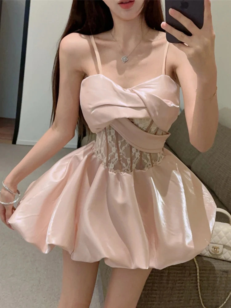 Hnewly French Fashion Princess Elegant One Piece Dress Women Summer New Pink Slim Mini Dress Female Y2k Vintage Sleeveless Dress 2024