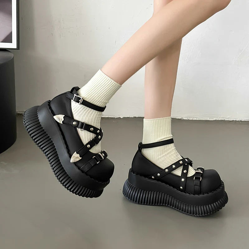 Hnewly Y2K Girls Mary Janes Pumps Buckle Thick Weges Round Toe Platform Shoes Cute Sweet  Lolita  Classic Brand Pumps