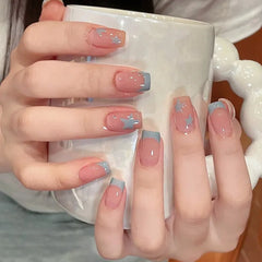 Hnewly Nude Color Press on Nails Red Five-pointed Star Designs Short Square Fake Nails Patches Y2K Girls Simple Charms Manicure