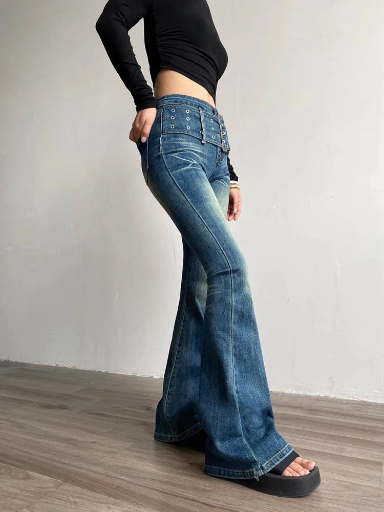 Hnewly 90s Retro Black Blue Belt Flare Jeans for Women Distressed Bootcut Pants High Waist Slim Fit Bell Bottoms Y2k Trousers