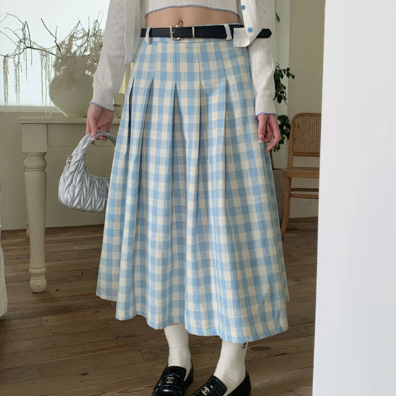 Hnewly Preppy Style Plaid Long Skirt Women Sweet Elegant Vintage Pleated Skirt High Waist Autumn Winter Retro A-line Skirts