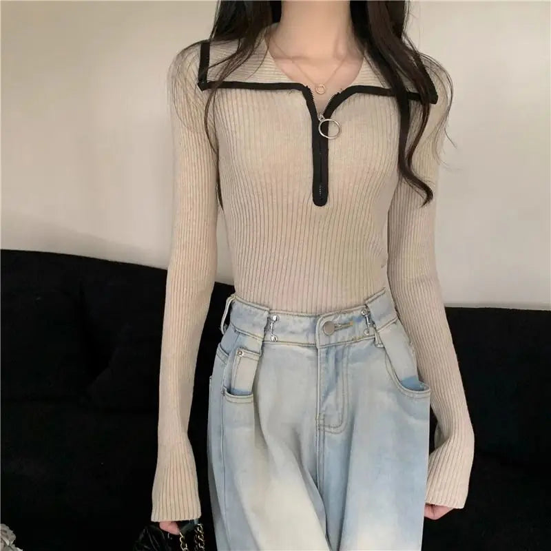 Hnewly warm winter outfits Turn-down Collar Zipper Sweater Women Autumn Winter Fashion Solid Color Slim Knitwear Office Lady All-match Trend Knitting Tops