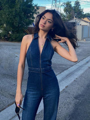 Hnewly Denim Jumpsuit V Neck Zipper Bell Sleeveless Sexy Outifts Elegant Backpacker  Party Summer