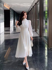 Hnewly DRESS TO IMPRESS Spring Turtleneck White Midi Dress Women Long Sleeve French Elegant Temperament One Piece Dress Evening Party Prom Robe Female