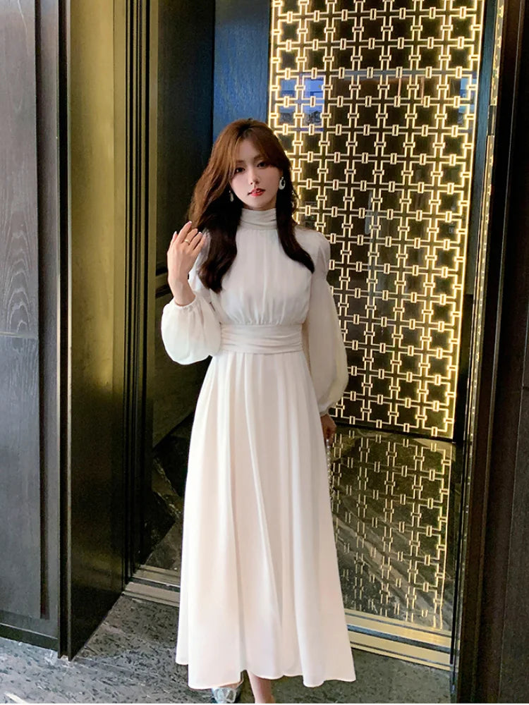 Hnewly DRESS TO IMPRESS Spring Turtleneck White Midi Dress Women Long Sleeve French Elegant Temperament One Piece Dress Evening Party Prom Robe Female