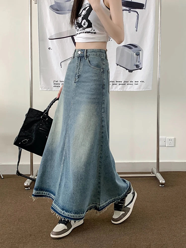 Hnewly Y2k Raw Edge Stitch Maxi Denim Skirt Plain Casual High Waist Long Jeans Skirt Korean Dongdaemun Retro Women Streetwear