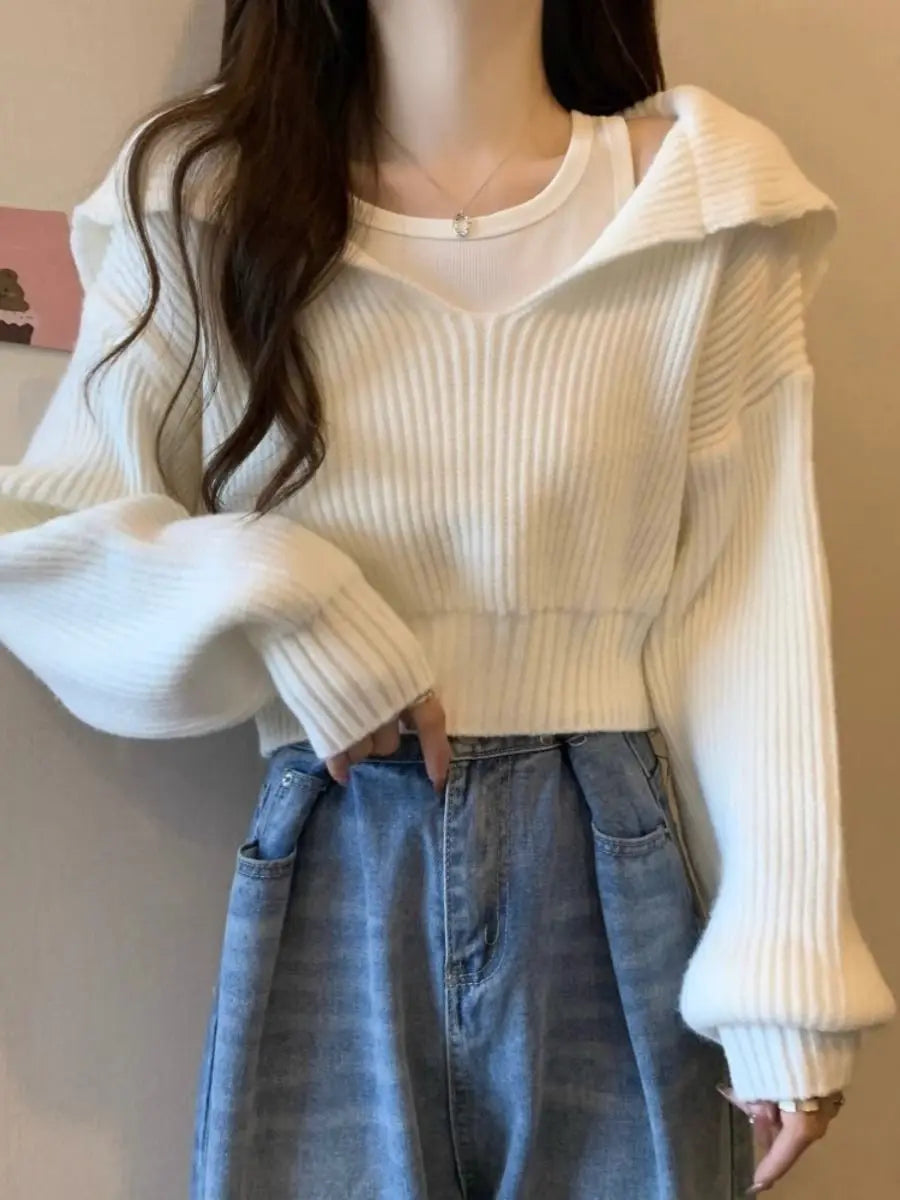 Hnewly Navy Neck V-neck Sweater for Petite Women Loose and Lazy Short Style Worn Outside Pullover Long Sleeved Knit Sweater