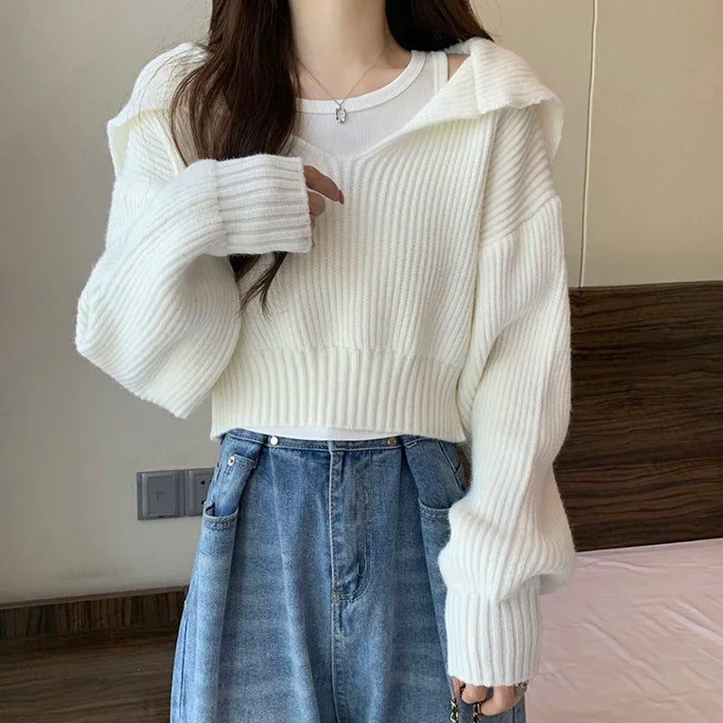 Hnewly Long Sleeve Cropped Sweater Women Autumn Winter Turn Down Collar Knitted Jumper Woman Korean Style Solid Color Jerseys