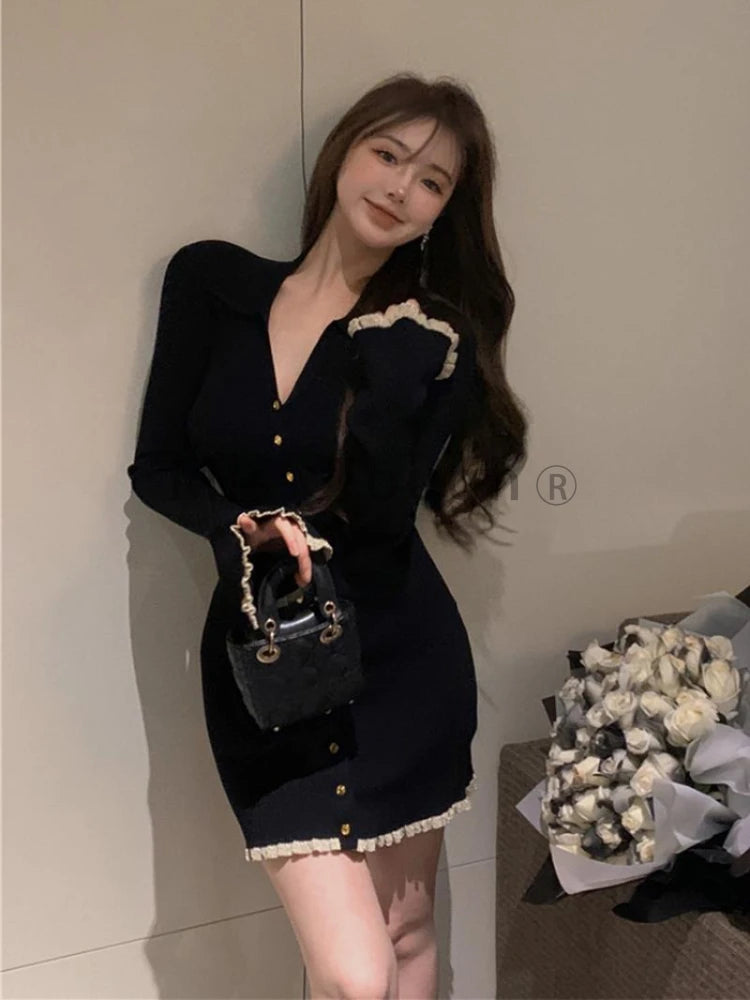 Hnewly DRESS TO IMPRESS Winter Knit France Vintage One Piece Dress Women Sexy V-neck Elegant Sweater Mini Dress Female Korean Style Chic Dress New