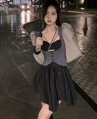 Hnewly Woman Lolita Y2k Mini Dress Gothic Vintage 2 Piece Dress Set Casual Korean Style Strap Dress Sweet Kawaii Suits Autumn Slim