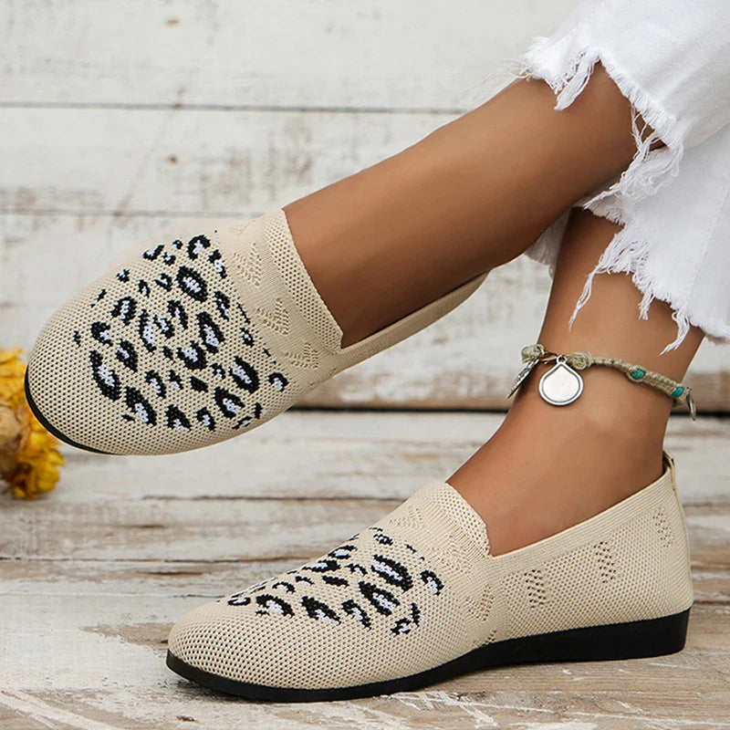 Hnewly Leopard Prints Knitted Loafers Women Breathable Mesh Shallow Flats Shoes Woman Lightweight Casual Slip-On Walking Shoes