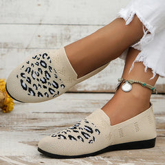 Hnewly Leopard Prints Knitted Loafers Women Breathable Mesh Shallow Flats Shoes Woman Lightweight Casual Slip-On Walking Shoes