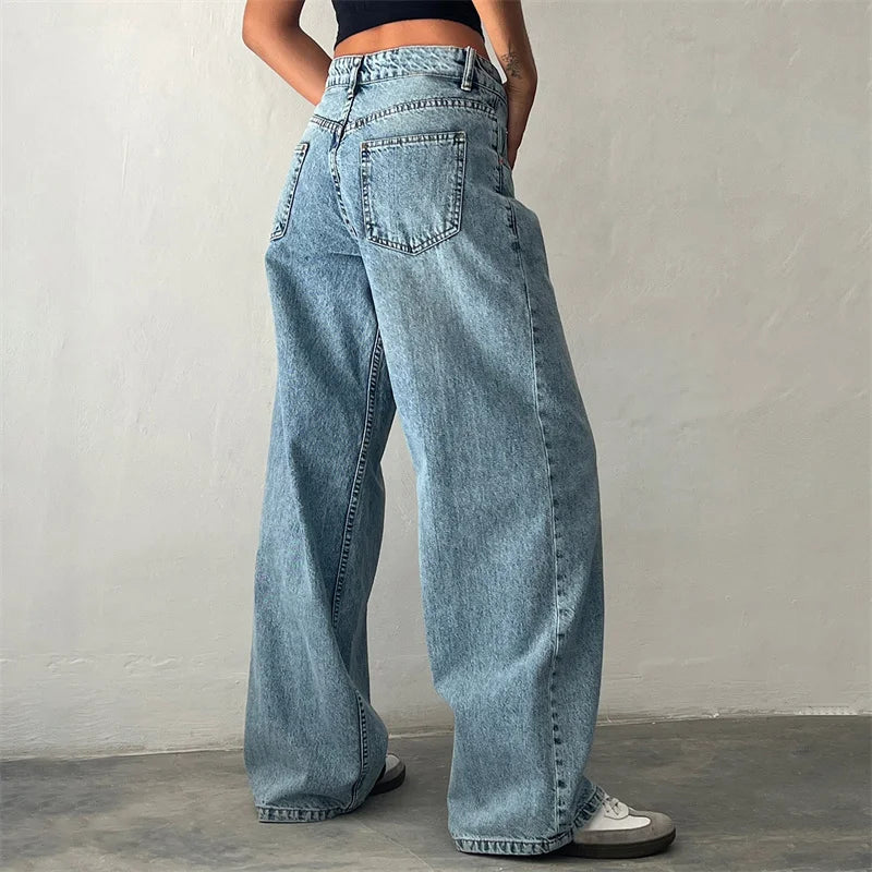 Hnewly y2k Jeans Women Clothes Fashion Solid Color Low Waist Waist Wide Leg Denim Pants Trousers with Pockets 2000s Streetwear