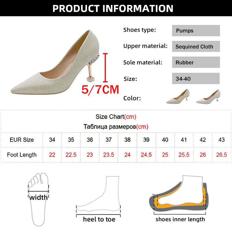 Hnewly Bling Gold Silver Pointed Toe Pumps Women Rhinesthone Thin Heels Party Wedding Shoes Woman Shallow High-Heeled Shoes