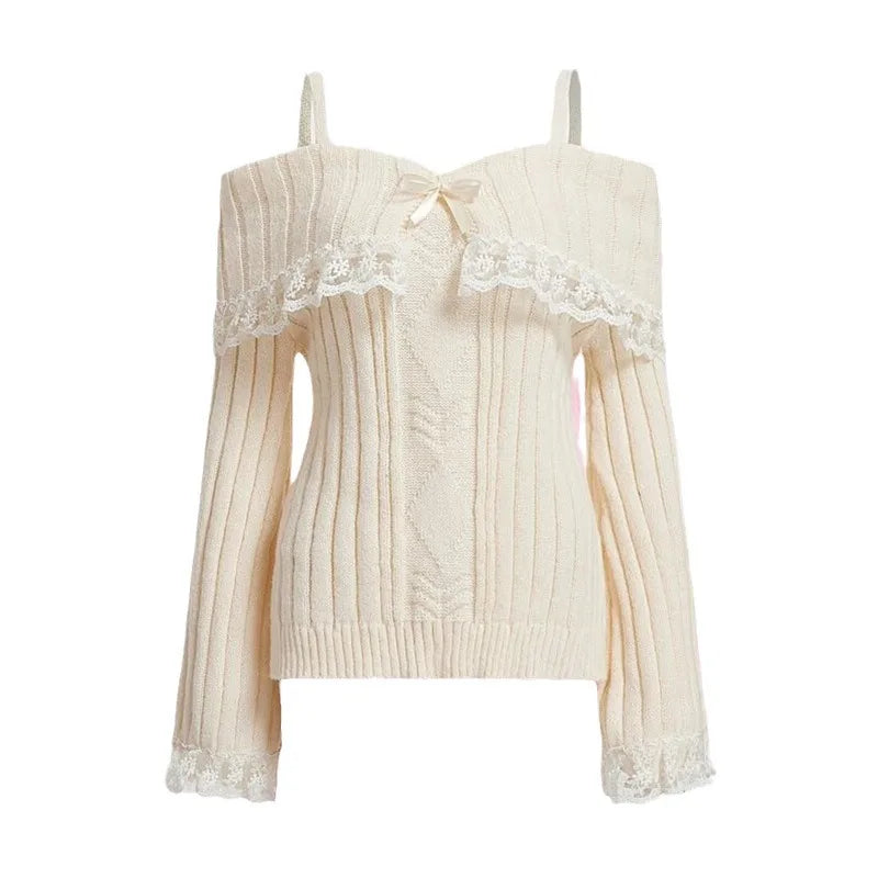 Hnewly Coquette Off Shoulder Sweaters Women Sweet Kawaii Lace Knitted Long Sleeve Pullovers Solid Cute Sweaters Aesthetics