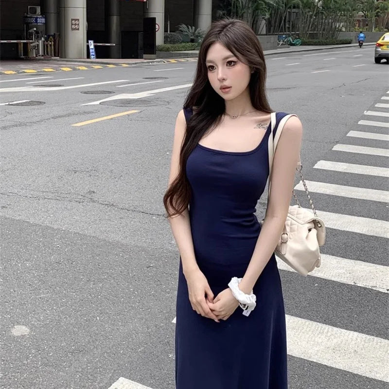 Hnewly Summer Women Versatile Streetwear Dress Lady Fashion Navy Blue Suspender Dress Female Daily Off Shoulder Slim Fit Long Dress