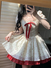 Hnewly DRESS TO IMPRESS Summer New Sweet Mini Dresse French Square Collar Princess Bow Short Sleeve Dress Women Elegant Party Vintage Dresses Vestidos