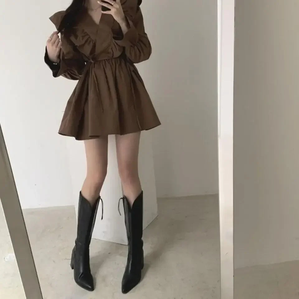 Hnewly Dresses for Women Spring Short Mini Clothes Ruffle Woman Dress Long Sleeve Outfits Summer Cheap Casual Retro