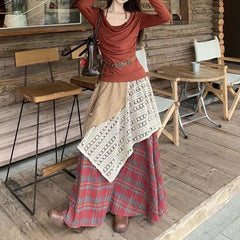 Hnewly Vintage Long Skirt Women Japanese Style Patchwork Plaid Skirts Harajuku Loose Street Casual Ruffle Skirts Aesthetics