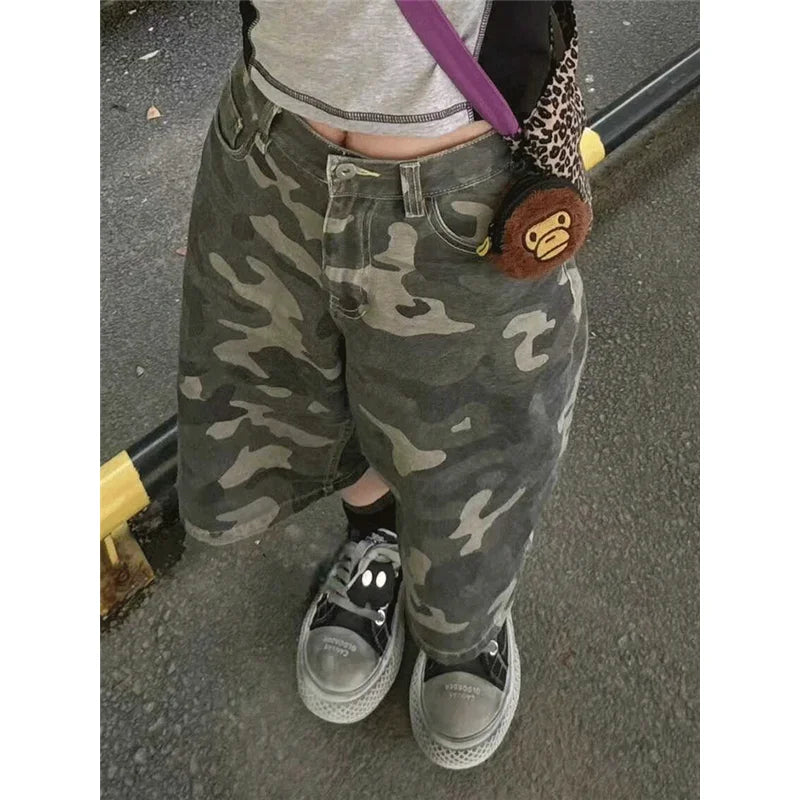 Hnewly Womens Short Summer Camouflage High Waist Jeans Y2K Straight Calf-Length Pants Trousers Streetwear Vintage Wide Leg Denim Shorts