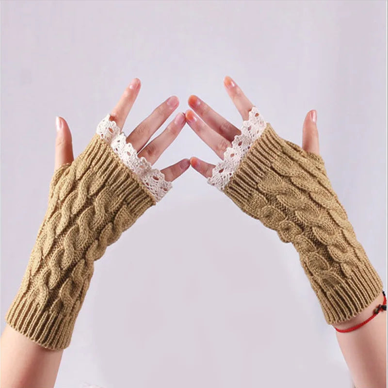 Hnewly New Lace Fingerless Gloves Women's Gloves Winter Warm Cute Student Writing Typing Half Finger Acrylic Knitted Glove Mittens y2k