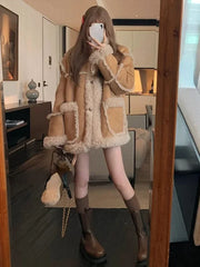 Hnewly Winter Warm Overcoats Women Outwear Casual Y2k Office Lady Vintage Faux Fur Wool Coat Ladies Korean Fashion Khaki Jackets Chic