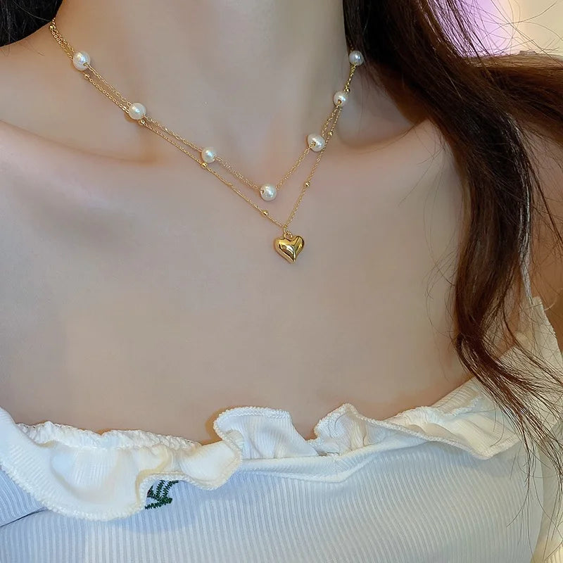 Hnewly Fashion Unique Design Elegant and Exquisite Double-layer Pearl Love Pendant Necklace Women Jewelry Wedding Party Premium Gift