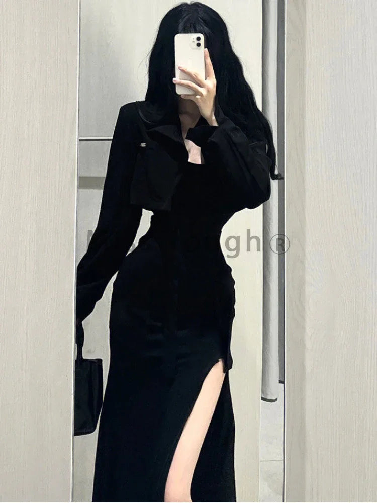 Hnewly French Vintage Gothic V Neck 2 Piece Sets Women Autumn Solid Y2k Open Fork Dress+ Black Elegant Coat Female 2000s Chic Clothes