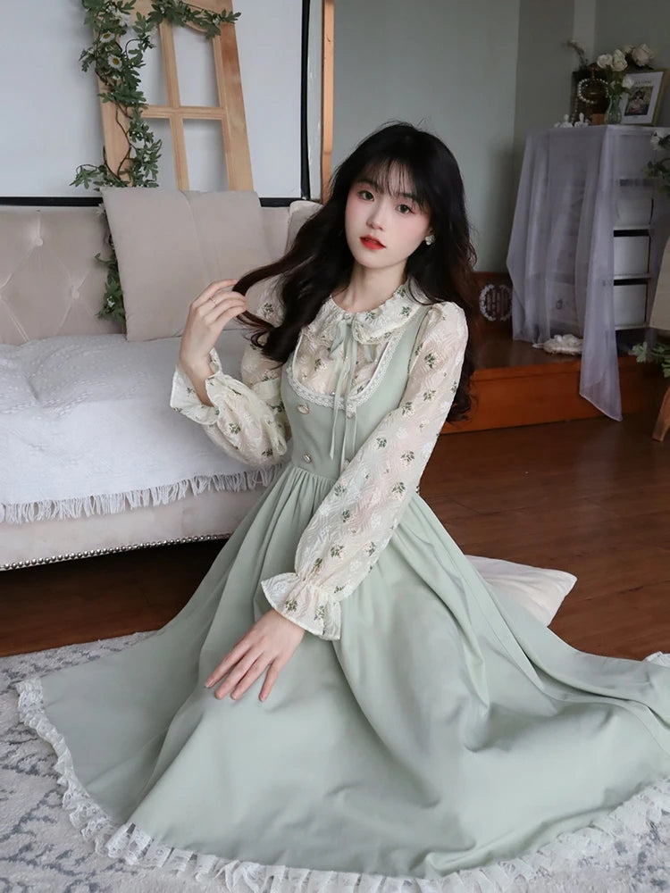 Hnewly DRESS TO IMPRESS Green Elegant Vintage Strap Dress Women Spring Lace Evening Party Midi Dresses Ladies Retro Korean Sweet Kawaii Fairy Dress