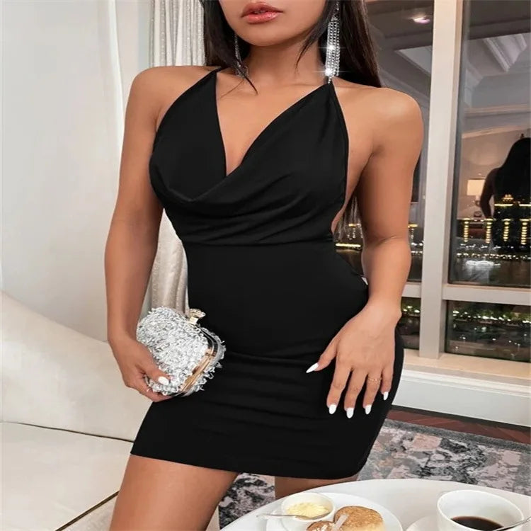 Hnewly DRESS TO IMPRESS Sexy Mini Dress Lace Up Strap Pure Silod Party Club Elegant Y2K Hang Neck Hollow Backless Straples V Neck Elegant Evening Dresse