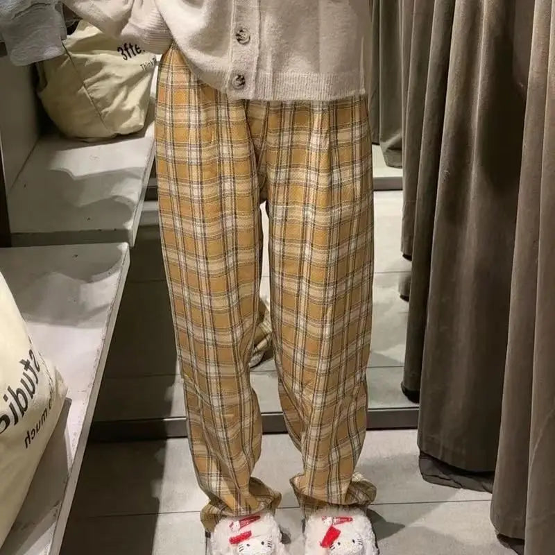 Hnewly warm winter outfits Padded Thickened Wide Leg Pants Winter LambswoolPlaid Pants Female High Waist Casual Straight Pants