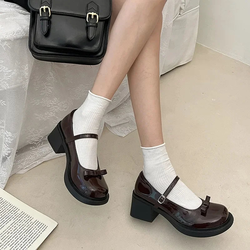 Hnewly Brown Jk Uniform Shoes British Style Retro Japanese Mary Jane Shoes Women's Lolita Bow Sweet Girls Kawaii Mid Heel Cute Laofers