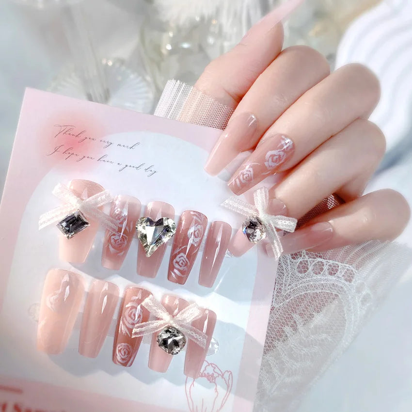 Hnewly Medium Length Fake Nails 3D Flower Pearl Designs Nude Pink Color Press on Nails Ballerina False Nails for Women DIY Manicure