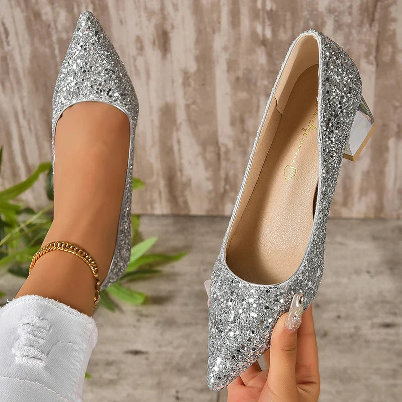 Hnewly Silver Glitter Thick Heels Pumps Women Luxury Pointed Toe Party Wedding Shoes Woman Plus Size 42 Shallow High Heels Pumps Ladies