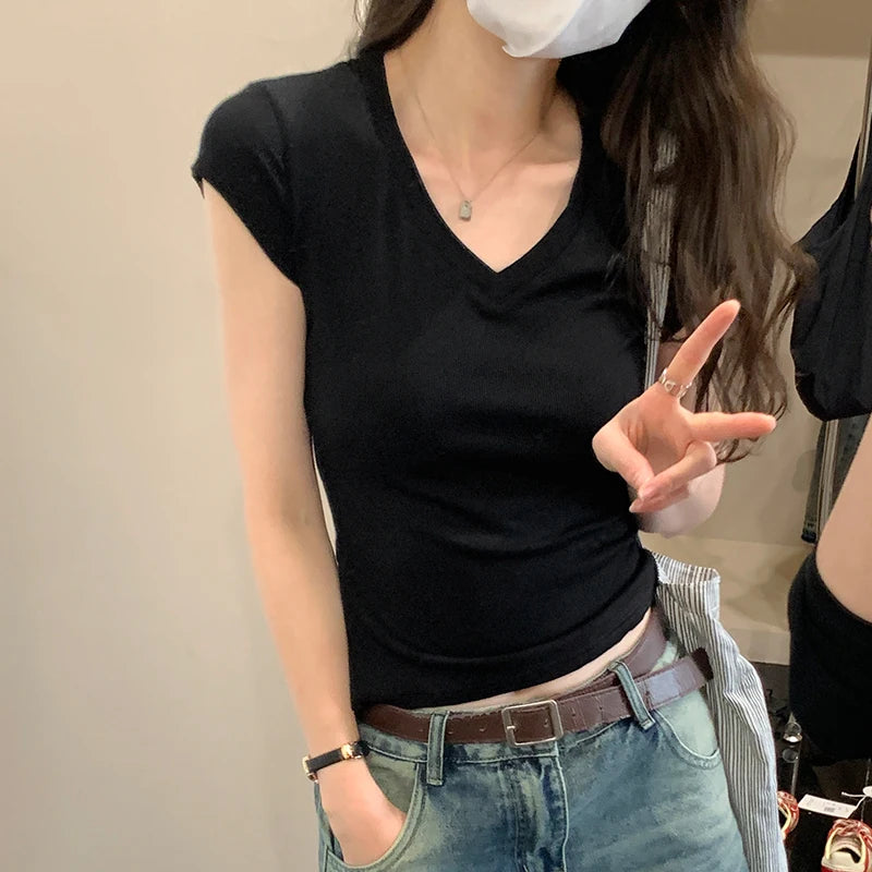 Korean Casual V-neck Short Sleeve T Shirt Women New Summer Basic Slim Stretch Tee Shirt Female Solid Color All-match Tees Tops