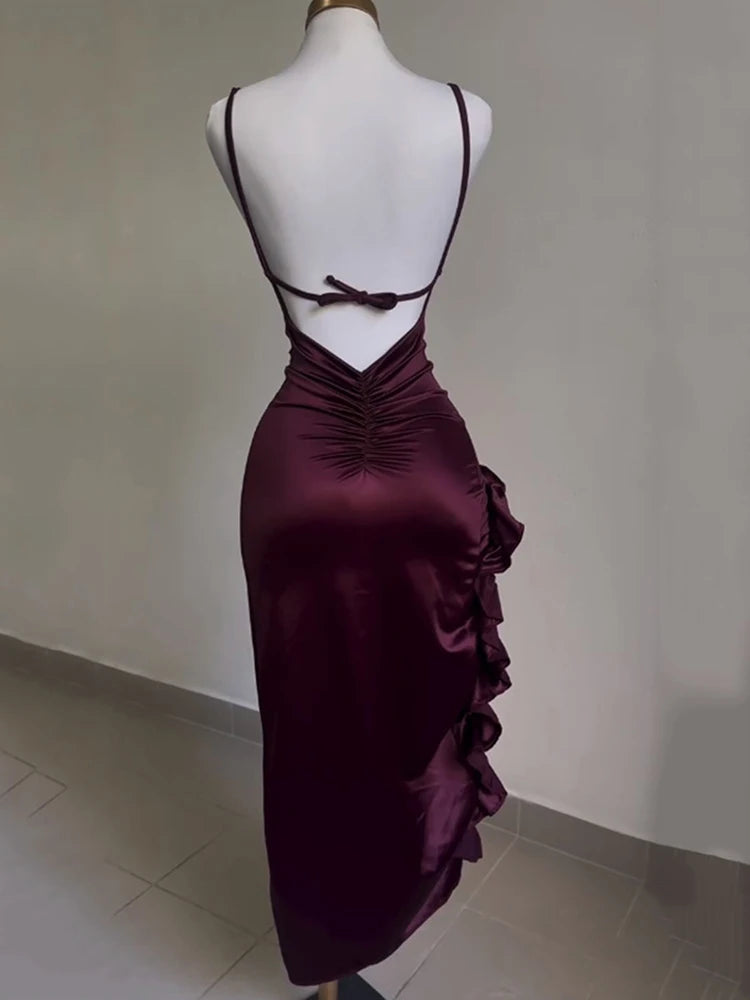 Hnewly Sexy Satin Bodycon Long Dress Women Vintage Backless Strapless Ruffles Fork Party Club Elegant Evening Dresses Female Vestidos