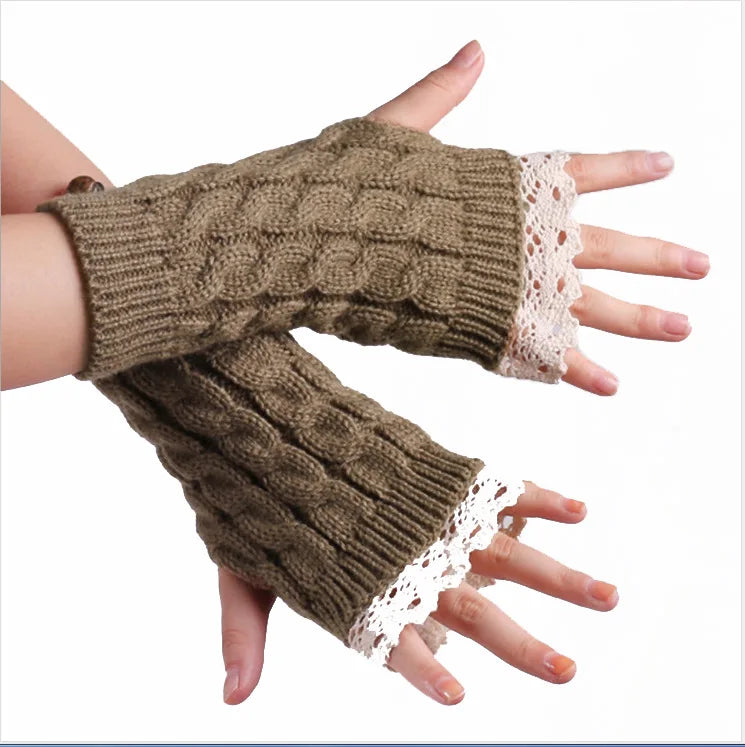 Hnewly New Lace Fingerless Gloves Women's Gloves Winter Warm Cute Student Writing Typing Half Finger Acrylic Knitted Glove Mittens y2k