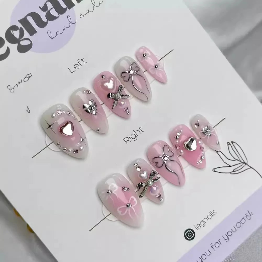 Hnewly 24pcs Sweet False Nail Patches Detachable Fake Nail Tips With Bowknots Love Heart Pearl Design Pink Almond Korean Press On Nail