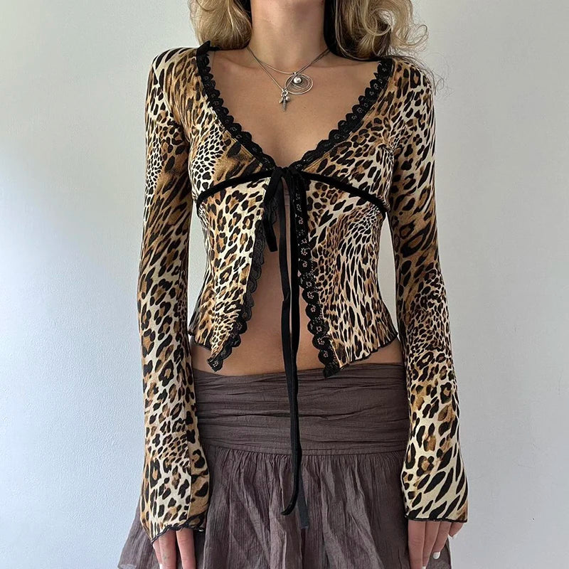 Hnewly Leopard Print Bandage Slit Crop Top Grunge 2000s Sexy T-shirt Vintage Lace Patchwork V Neck Long Sleeve T Shirt Lady Chic