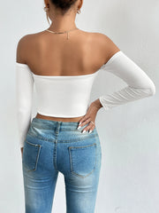 Hnewly Off Shoulder Crop T-Shirt, Casual Long Sleeve Top For Spring & Fall, Women's Clothing