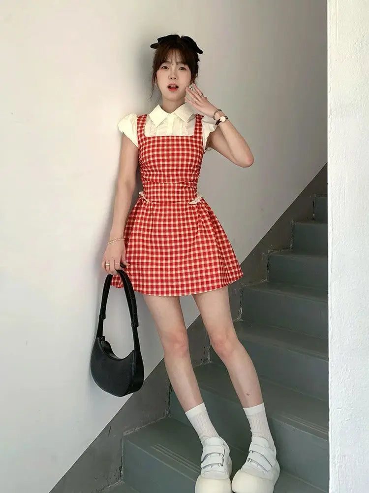 Hnewly Y2k Coquette Kawaii Cute Plaid Shirt Dress Women Preppy Style Sweet Girls Short Party Dresses 2024 Summer Fashion