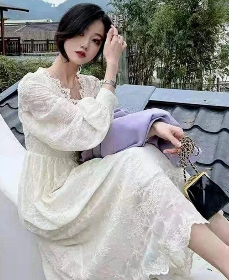 Hnewly DRESS TO IMPRESS Korean Fashion Vintage Midi Dress Party Long Sleeve Sweet Y2k Dress Lace Design 2024 Autumn Evening Elegant Dress Women Casual