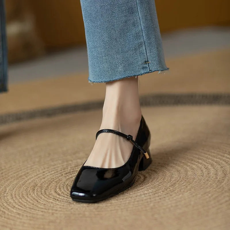 Hnewly Women's Mary Janes Shoes New High Quality Pumps Low Heel Dress Shoes Square Toe Shallow Buckle Strap Women's Shoes