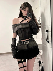 Hnewly trashy outfits Spring/Summer New Sexy One Shoulder Short Sleeve Slim Retro Top Splicing Short Skirt Set Spicy Girl Two Piece Sets Women Outfits