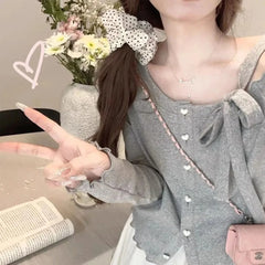 Hnewly Fashion Sweet Off Shoulder Cardigan Bow Lace Up Sweaters New Slim Fit Pink Tops Women Y2k Grunge Long Sleeve Cardigan Mujer